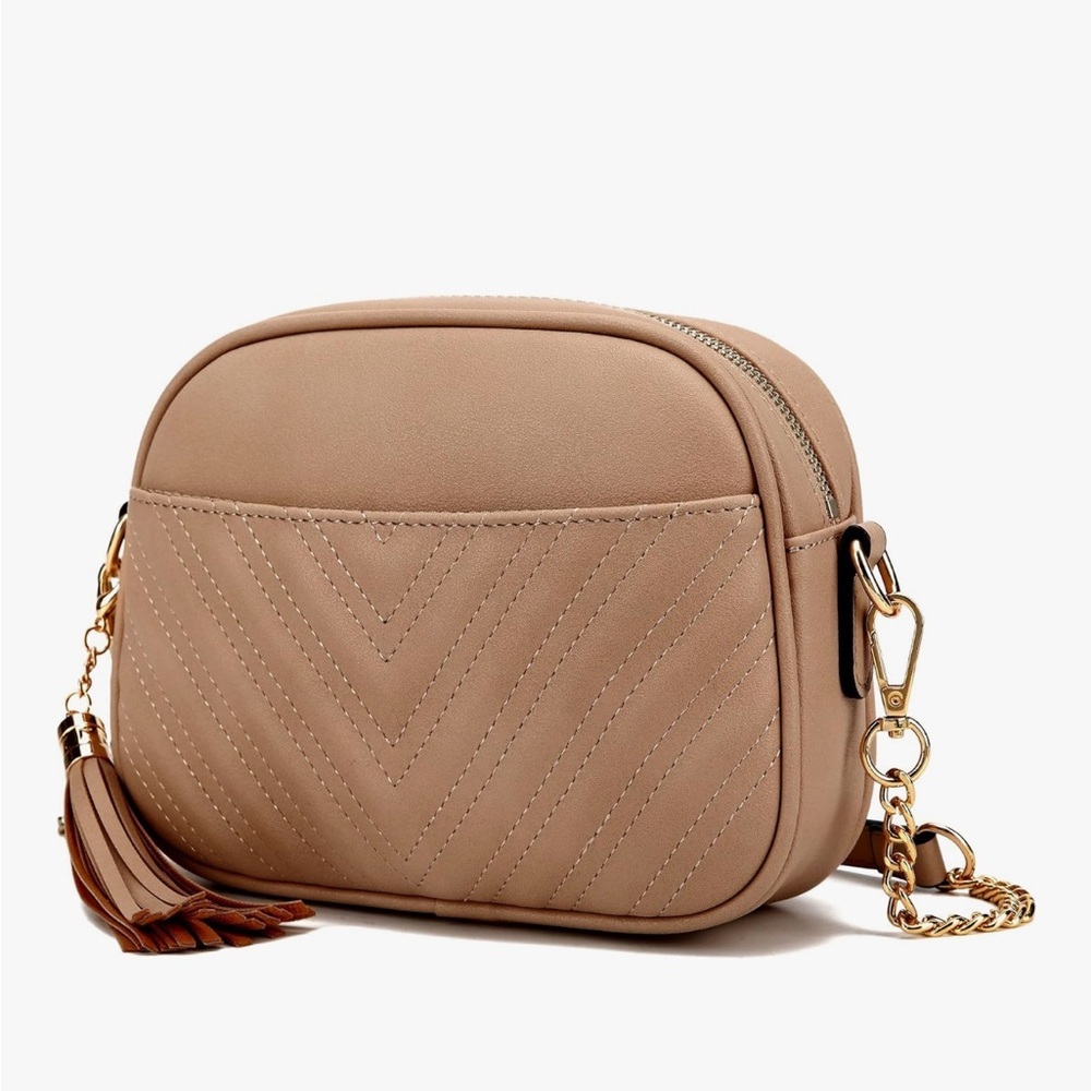 Lola Mae Chevron Quilted Crossbody Bag with Tassel Taupe Brown Gold Zipper